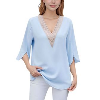 Women's Split Sleeve V-Neck Blouse with Crochet Detail