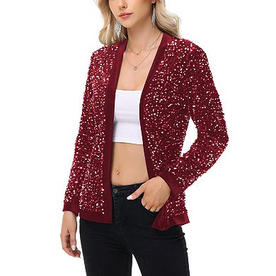 Women's Long Sleeve Open Front Sequin Fashion Jacket with Satin Trim