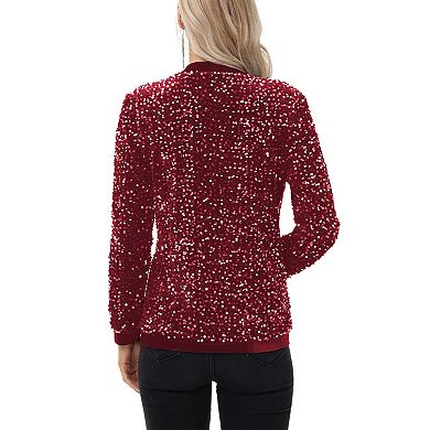 Women's Long Sleeve Open Front Sequin Fashion Jacket with Satin Trim