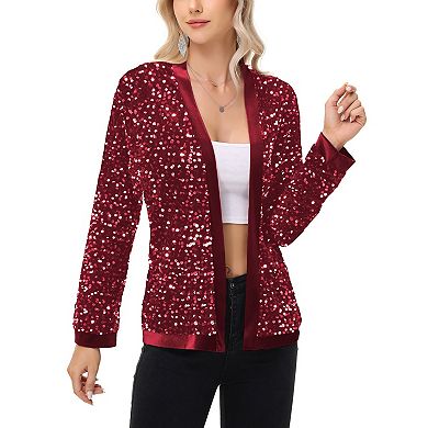 Women's Long Sleeve Open Front Sequin Fashion Jacket with Satin Trim
