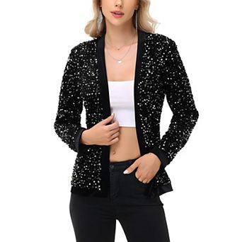 Women's Long Sleeve Open Front Sequin Fashion Jacket with Satin Trim