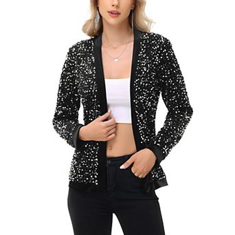 Women's Long Sleeve Open Front Sequin Fashion Jacket with Satin Trim