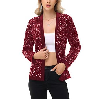 Women's Long Sleeve Open Front Sequin Fashion Jacket with Satin Trim