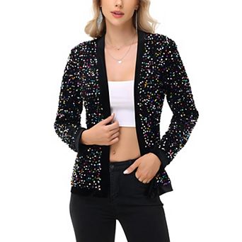 Women's Long Sleeve Open Front Sequin Fashion Jacket with Satin Trim