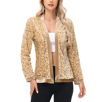 Women's Long Sleeve Open Front Sequin Fashion Jacket with Satin Trim