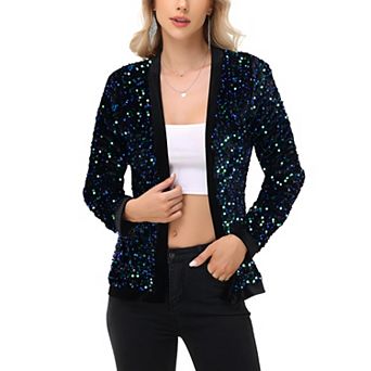 Women's Long Sleeve Open Front Sequin Fashion Jacket with Satin Trim