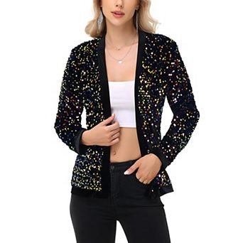 Women's Long Sleeve Open Front Sequin Fashion Jacket with Satin Trim