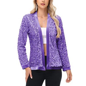 Women's Long Sleeve Open Front Sequin Fashion Jacket with Satin Trim