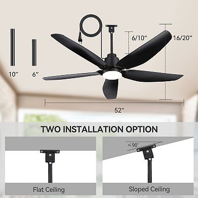 52-In Outdoor Waterproof Ceiling Fan with Light, 5 ABS Blades, DC Motor, Remote Control, Damp Rated
