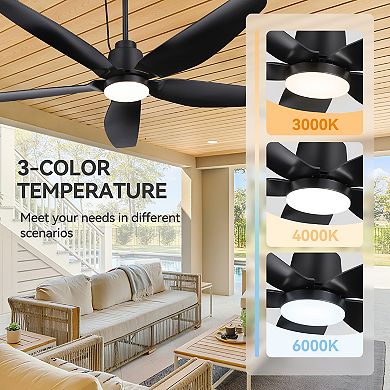 52-In Outdoor Waterproof Ceiling Fan with Light, 5 ABS Blades, DC Motor, Remote Control, Damp Rated