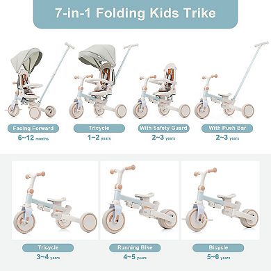 Whisen 7-in-1 Foldable Toddler Tricycle, Toddler Push Bike with Removable Handle