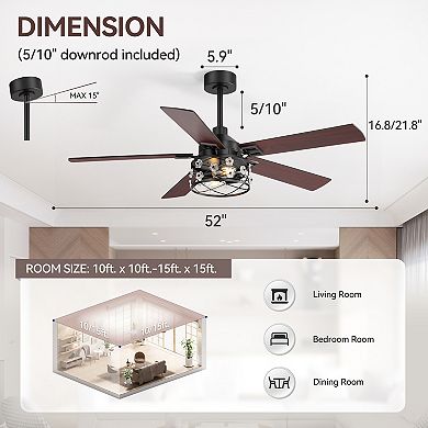52-Inch ceiling fan, 5 blades, E26x2 bulbs, DC motor, iron/glass shade, 5&10" downrods
