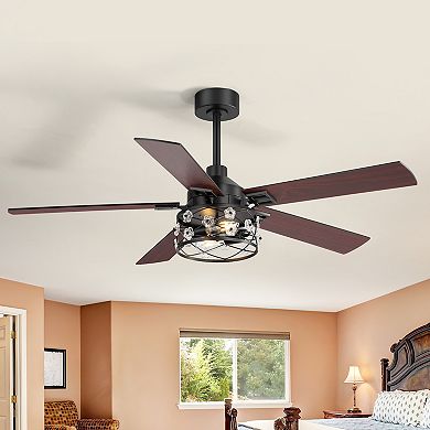 52-Inch ceiling fan, 5 blades, E26x2 bulbs, DC motor, iron/glass shade, 5&10" downrods