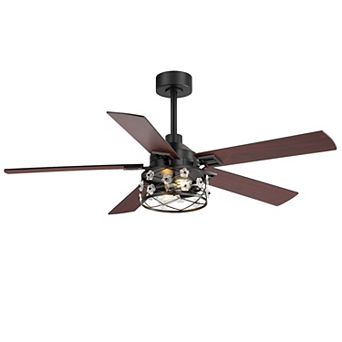 52-Inch ceiling fan, 5 blades, E26x2 bulbs, DC motor, iron/glass shade, 5&10" downrods