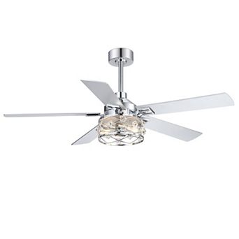 52-Inch ceiling fan, 5 blades, E26x2 bulbs, DC motor, iron/glass shade, 5&10" downrods
