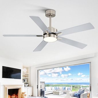 52-Inch ceiling fan, 5 plywood blades, 3-color light, 5" downrod, 6-speed DC motor, remote