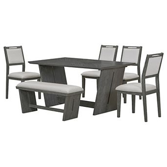 Whisen 6 pc Retro Dining Table Set with 60" Wood Kitchen Table, 4 Chairs and 1 Bench - Gray