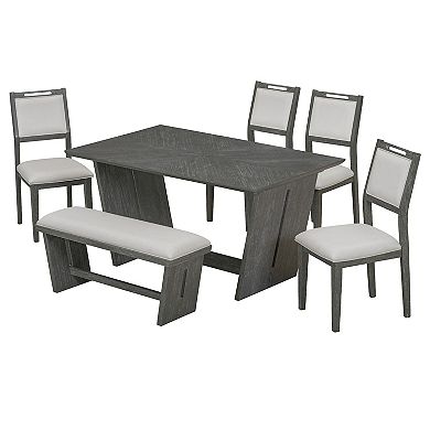 Whisen 6-Piece Retro Dining Table Set with 60" Wood Kitchen Table, 4 Chairs and 1 Bench - Gray