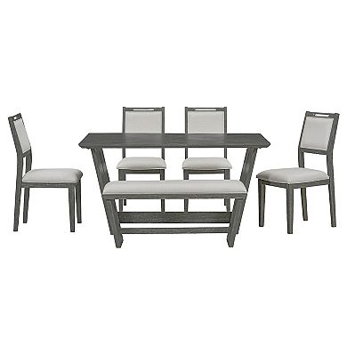Whisen 6-Piece Retro Dining Table Set with 60" Wood Kitchen Table, 4 Chairs and 1 Bench - Gray