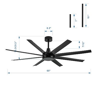 65-Inch Large Indoor Ceiling Fan, 8 ABS Blades, 2 Downrods, 6-Speed DC Motor, Remote, No Light