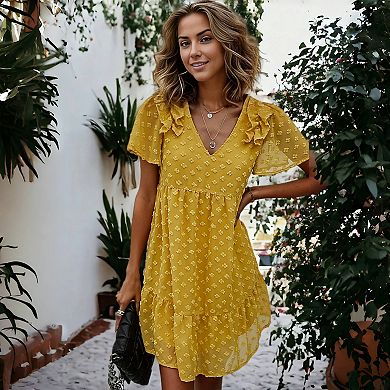 Women's Ruffle Sleeve Tiered Mini Dress with Textured Floral Pattern and V-Neckline