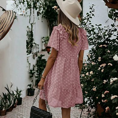 Women's Ruffle Sleeve Tiered Mini Dress with Textured Floral Pattern and V-Neckline