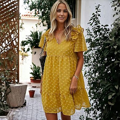Women's Ruffle Sleeve Tiered Mini Dress with Textured Floral Pattern and V-Neckline