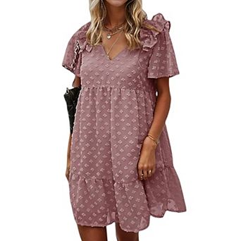 Women's Ruffle Sleeve Tiered Mini Dress with Textured Floral Pattern and V-Neckline