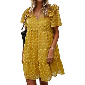 Women's Ruffle Sleeve Tiered Mini Dress with Textured Floral Pattern and V-Neckline