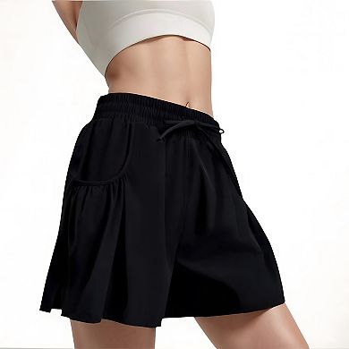 Women's High Waist Active Shorts with Drawstring Waistband Pleated Side Pockets and Relaxed Fit
