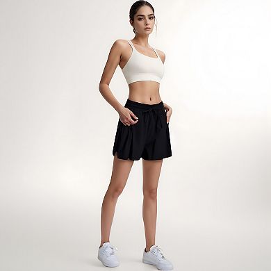 Women's High Waist Active Shorts with Drawstring Waistband Pleated Side Pockets and Relaxed Fit