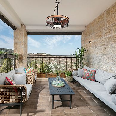 19-Inch outdoor caged fan, LED light, ABS blades, remote, DC motor, waterproof