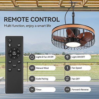 19-Inch outdoor caged fan, LED light, ABS blades, remote, DC motor, waterproof