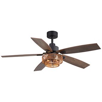 52-Inch ceiling fan, two-tier rattan basket shade, dual-finish blades, timer, DC motor, remote
