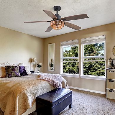 52-Inch ceiling fan, two-tier rattan basket shade, dual-finish blades, timer, DC motor, remote