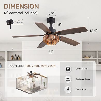 52-Inch ceiling fan, two-tier rattan basket shade, dual-finish blades, timer, DC motor, remote