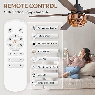 52-Inch ceiling fan, two-tier rattan basket shade, dual-finish blades, timer, DC motor, remote
