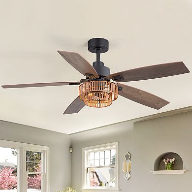 52-Inch ceiling fan, two-tier rattan basket shade, dual-finish blades, timer, DC motor, remote