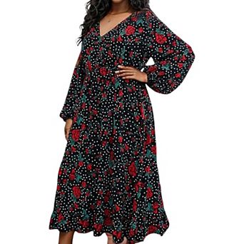 Women's Long Sleeve Floral Polka Dot Midi Dress with V-Neckline Elastic Waist and Ruffle Hem