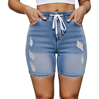 Women's High Waist Drawstring Denim Shorts with Distressed Detailing and Stretch Fit