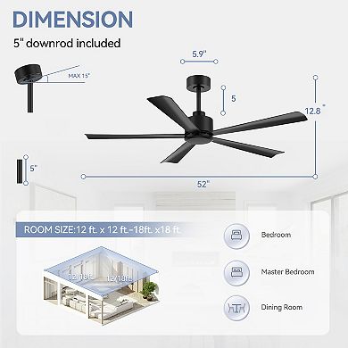 52-Inch modern no-light fan, 5 ABS blades, 6-speed DC motor, 5" downrod, remote