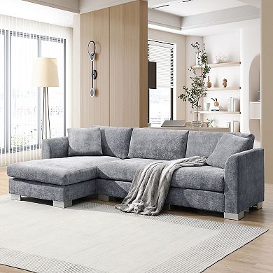 Whisen 4-seat Modern Sectional Sofa, L-shaped Couch Set with Chaise and 2 Pillows - Gray