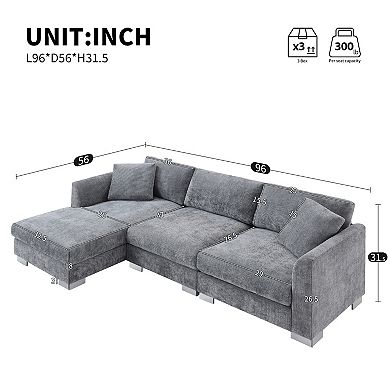 Whisen 4-seat Modern Sectional Sofa, L-shaped Couch Set with Chaise and 2 Pillows - Gray