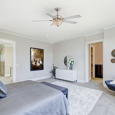 52-Inch indoor fan, crystal-bead bowl light, 5 reversible blades, timer, DC motor, remote