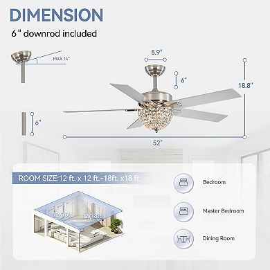 52-Inch indoor fan, crystal-bead bowl light, 5 reversible blades, timer, DC motor, remote