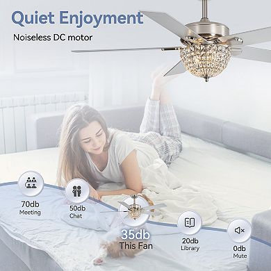 52-Inch indoor fan, crystal-bead bowl light, 5 reversible blades, timer, DC motor, remote