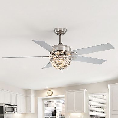 52-Inch indoor fan, crystal-bead bowl light, 5 reversible blades, timer, DC motor, remote