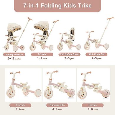 Whisen 7-in-1 Foldable Toddler Tricycle, Toddler Push Bike with Removable Handle