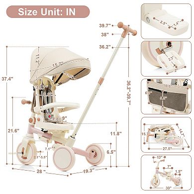 Whisen 7-in-1 Foldable Toddler Tricycle, Toddler Push Bike with Removable Handle