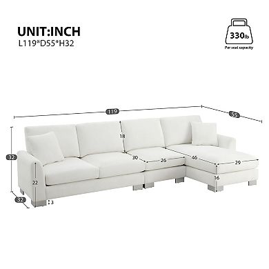 Whisen 5-seat Modern Sectional Sofa, L-shaped Couch Set with Chaise and 2 Pillows - White